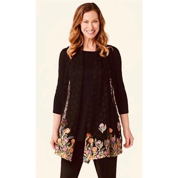 Susan Graver Sweaters - Susan Graver XL Mesh Open Knit Cardigan Foral Embroidered Cottage Dark Romantic